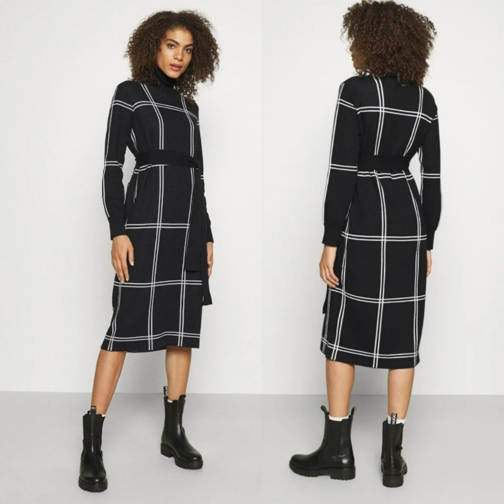 Barbour Aldora Dress Black White Windowpane Turtleneck Sweater Long Sleeve Belt